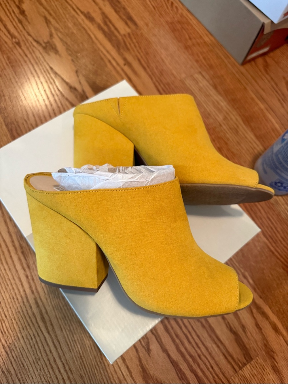 BP Yellow Suede Peep-Toe Block Heel Mules